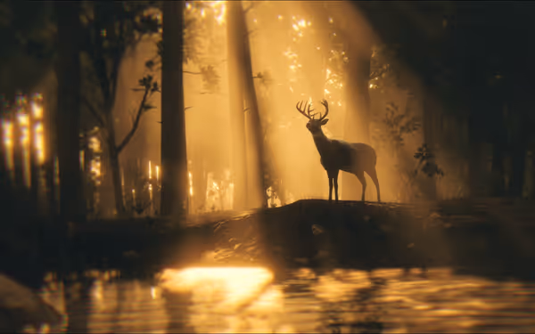 Deer standing on forest hill, sunlight streaming through trees, reflecting on water.
