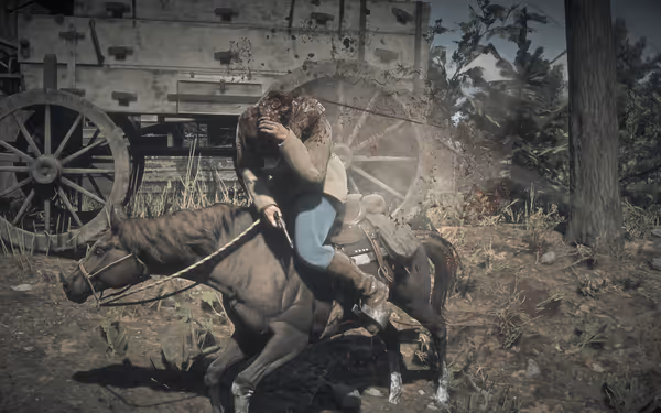 A mounted figure slumps on a horse, showing visible gunshot wounds and blood spray.