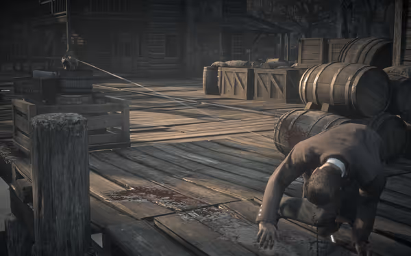 A kneeling figure bleeds on a wooden dock, with gunfire visible in the background.