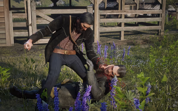 A man in dark clothing violently attacks another man on the ground with blood splattering.