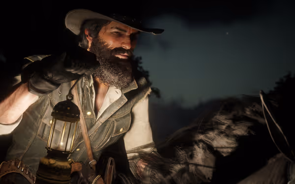 A bearded man in a hat holds a lantern, riding a horse at night.