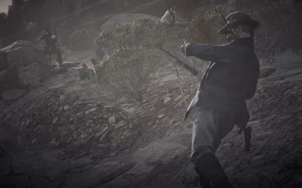 A man gets shot in the head with an arrow as two others aim rifles nearby.