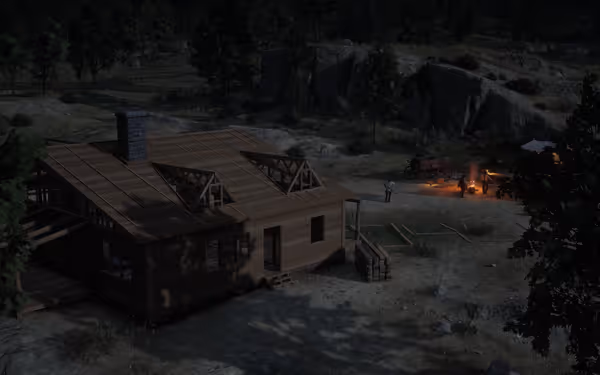 A partially built wooden house with a nearby campfire, people, wagon, and forest background.