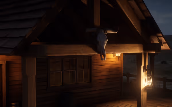 A wooden cabin porch at night with a hanging bull skull and lanterns glowing.