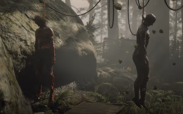 Two figures hanging from ropes in a misty forest surrounded by rocks.