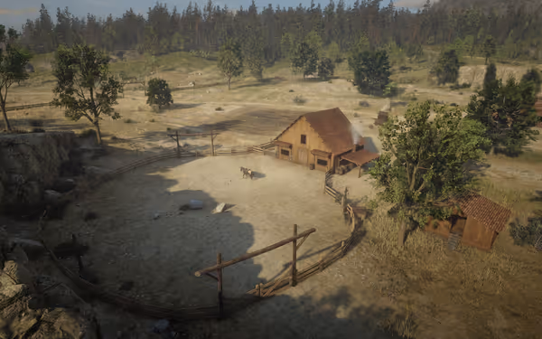 A fenced farmyard with a barn, horse, surrounding trees, and vast open fields.