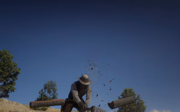 A man chopping wood with an axe, wood chips flying under a clear sky.