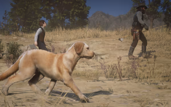 A dog walking alongside a man with a fishing rod and a boy.
