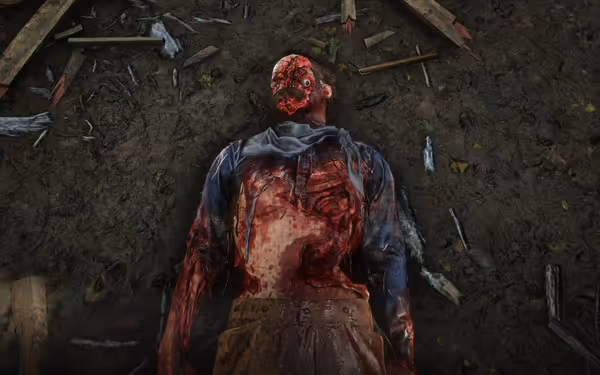 A bloodied person lies motionless on muddy ground, surrounded by broken wooden debris.