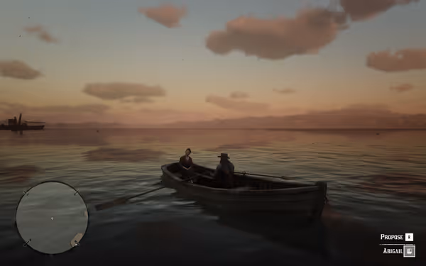 Two people sit in a rowboat on a calm lake during a pastel sunset.