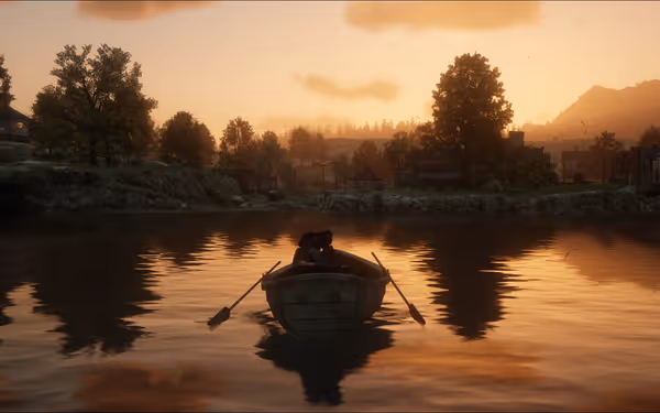 A small wooden boat with two people floats on a calm lake at sunset.