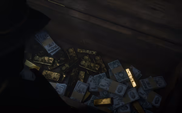 A wooden chest filled with gold bars and bundles of cash is present.