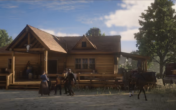 A wooden house with a porch, people interacting, horses, and a wagon nearby.
