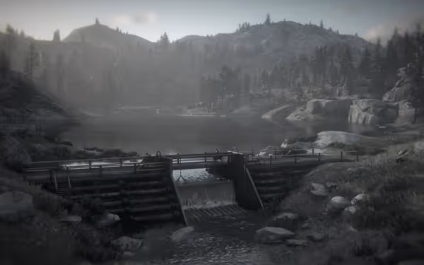 A small wooden dam releases water into a stream, surrounded by forested hills.