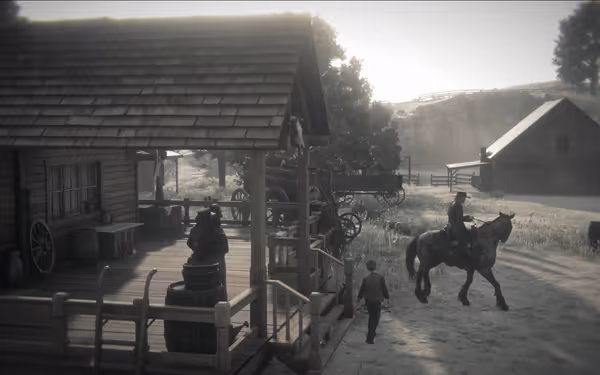 A rustic cabin porch with people nearby and a rider on horseback approaching.