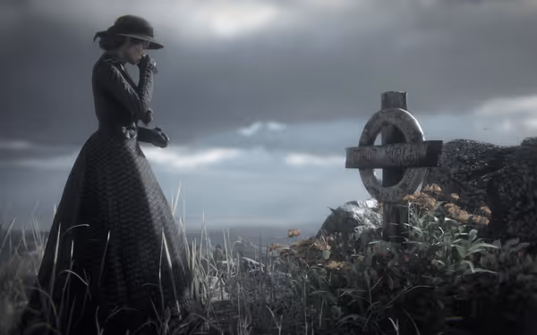 A woman in a dark dress stands solemnly near a grave marked "Arthur Morgan".