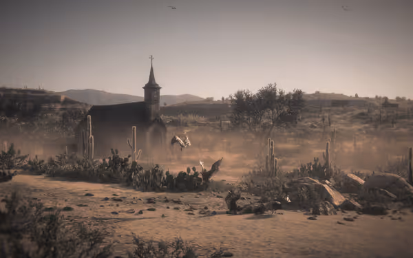 A desert landscape with a church, cacti, vultures, and scattered rocks.