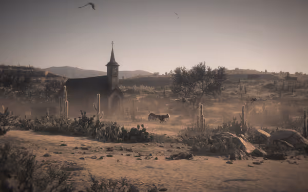 A dusty desert landscape with a church, cacti, and horses in the background.