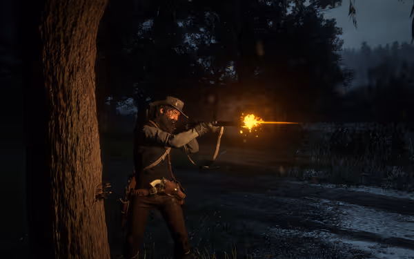 A bearded man in a hat fires a rifle, glowing muzzle flash visible.