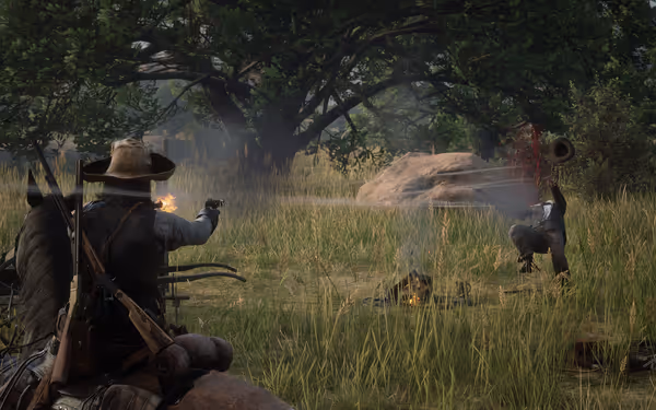 A rider on horseback shoots a man falling back, blood splatter in the air.