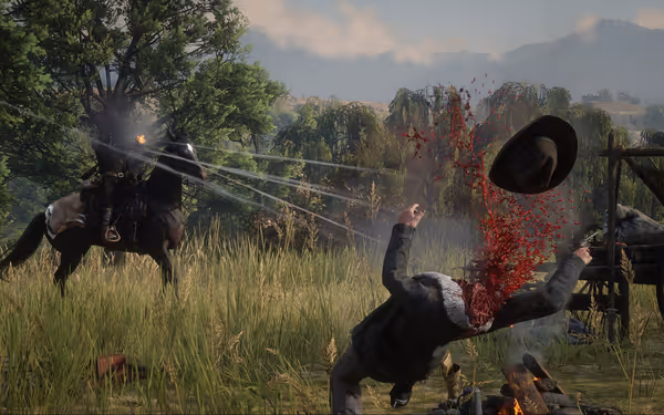 A rider shoots from horseback, striking a man, causing his hat to fly off.