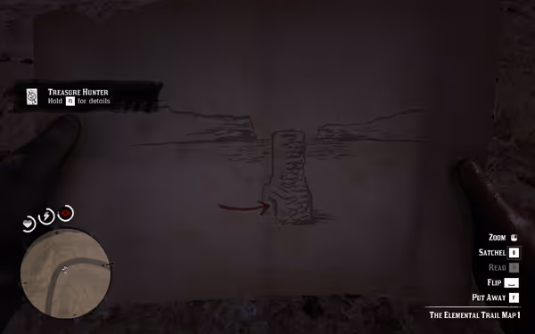 A hand holds a map showing a stone pillar with a red arrow.