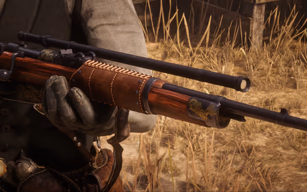 A detailed rifle with gold engravings and leather wrap, held by gloved hands.
