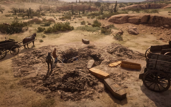 Two men stand near an open grave surrounded by coffins and horse-drawn wagons.