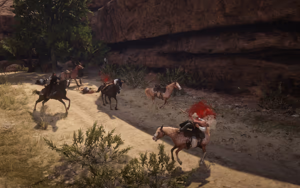 Several riders on horseback engage in a shootout, with one rider hit and bleeding.
