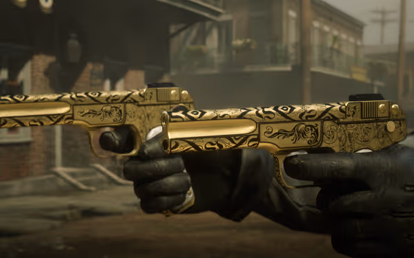 Two gloved hands hold matching ornate golden pistols with intricate engraved patterns.