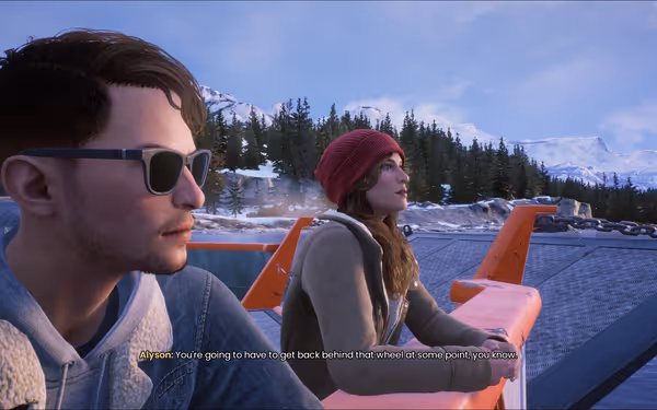 A young man and woman standing on a ferry, a snowy forrest behind them