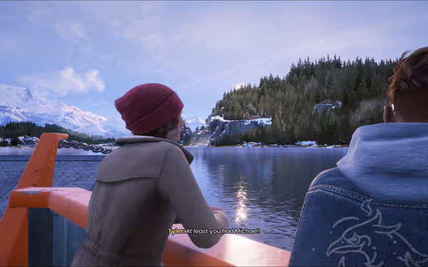 Two characters facing away from the camera on a ferry, looking over a lake