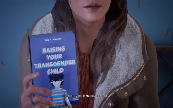A female character holding up a book titled "Raising your transgender child"