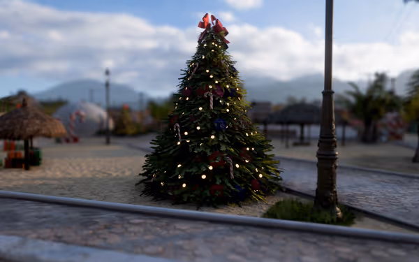 A nicely decorated christmas tree in between two cobbled paths