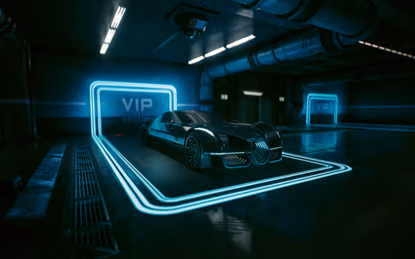 A sleek futuristic black car with neon blue lighting is parked in a VIP section.