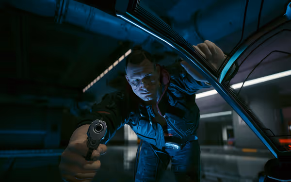 A menacing figure with cybernetic enhancements is pointing a gun while opening a car door in a futuristic setting.