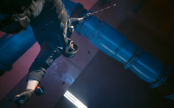 A masked officer in tactical gear holds a glowing baton, viewed from a low angle.