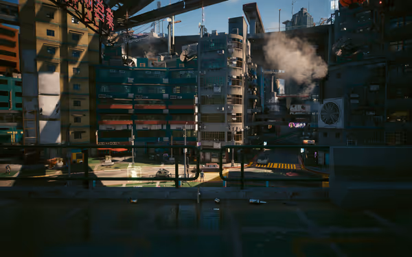 A dense futuristic cityscape with old buildings, neon lights, smoke, and a lone pedestrian.