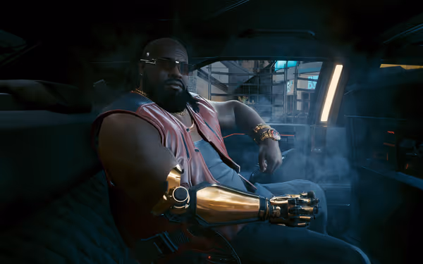A muscular man with a gold cybernetic arm sits in a smoky, futuristic car