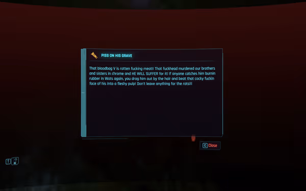 A digital message titled "Piss on His Grave" contains aggressive threats against V