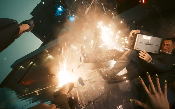 A man holding a briefcase is thrown backward by an explosion with flying debris