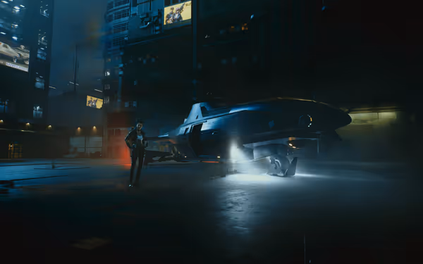 A person in a leather jacket stands near a futuristic aircraft in a neon-lit city