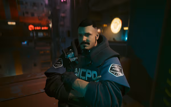 A heavily armored police officer with a mustache stands confidently in a neon-lit city.