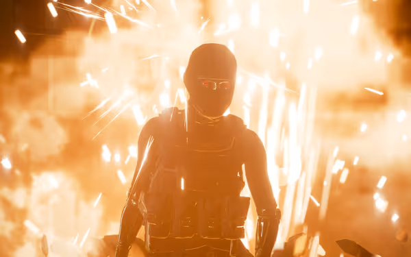 A masked figure in tactical gear stands amid bright explosions and flying debris