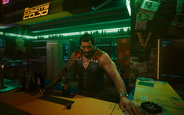 A muscular bartender with cybernetic fingers leans on a counter in a neon-lit bar.