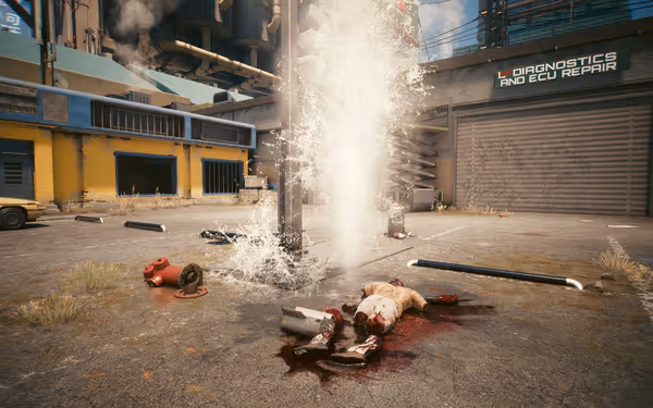 A broken fire hydrant sprays water near a dismembered, bloodied body on cracked pavement