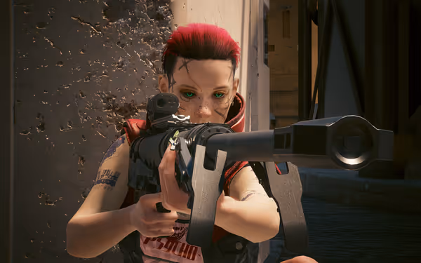 A woman with red hair, glowing green eyes, and facial tattoos aims a large rifle