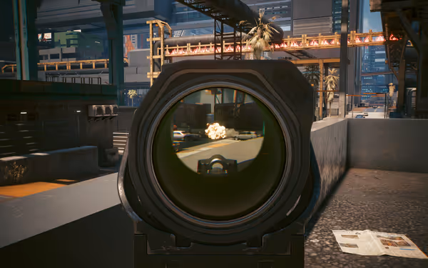 A scoped weapon aims at an explosion near cars in a futuristic cityscape
