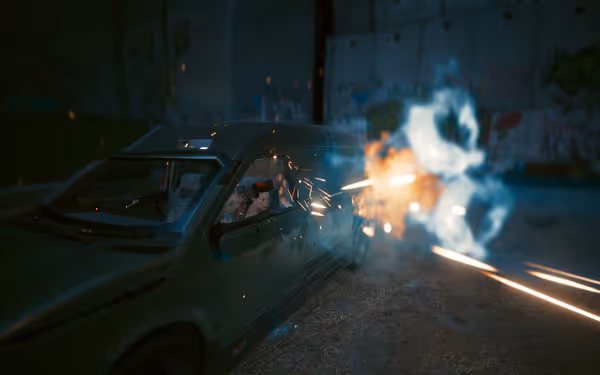 A person with cybernetic enhancements fires a gun from a moving car amid sparks and explosions.