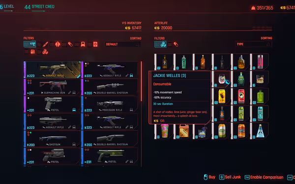 A futuristic inventory screen displays weapons, drinks, and a consumable called Jackie Welles.